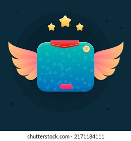 Game UI Pop Window With Wings And Stars  Red Flag Header Blue Turquoise Marine Sea Bubbles  Abstract Cute Cartoon Colorful Bright Pop Up Window Purple Gem Header Vector Design