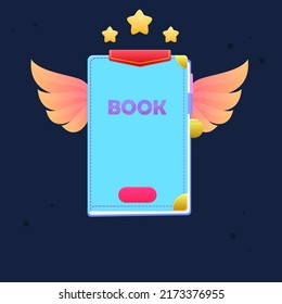 Ventana emergente de interfaz de usuario de juego con alas y estrellas de bandera roja cabecera Libro azul Cuto dibujos animados diseño vector colorido