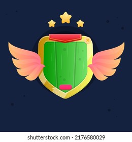 Game UI Pop Up Window With Wings And Stars  Red Flag Header On Green Wooden Shield Of Kingdom With Golden Borders For RPG Games Cute Cartoon Colorful Vector Design