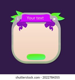 Game UI Pop Up Window Wooden  Natural Green Beige Cute Cartoon Leaves Purple Ribbon  Vector Design