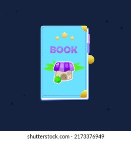 Game UI Pop Up Window Wooden Plants Purple Pink Cartoon Icon Tiny House Blue Book  Cute Cartoon Colorful Vector Design