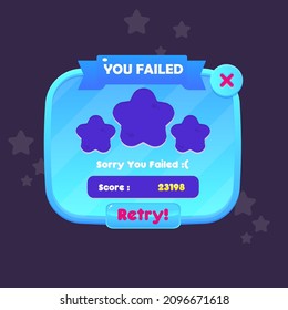 Game UI Pop Up Window  You Failed Oval Blue Sky  Border Red Ribbon Header Cartoon Colorful Vector Design