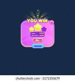 Game UI Pop Up Window You Win Purple Abstract Cute Cartoon Colorful Bright Buttons Banners Vector Design