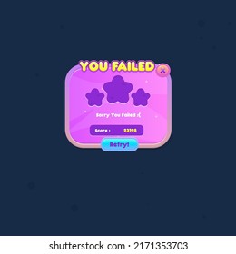 Game UI Pop Up Window You Failed Purple Abstract Cute Cartoon Colorful Bright Buttons Banners Vector Design