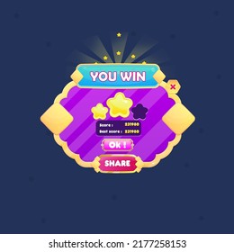 Game UI Pop Up Window You Win Many Rounded Circles Purple Golden Border Diamond Pattern Lines With Blue Header And Red Button  Vector Design