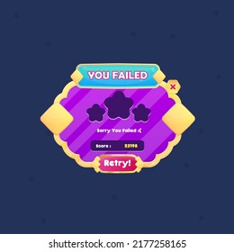 Game UI Pop Up Window You Failed Many Rounded Circles Purple Golden Border Diamond Pattern Lines With Blue Header And Red Button  Vector Design