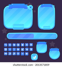 Game UI Pop Up Windows And Buttons Set Oval Blue Sky  Border Red Ribbon Header Cartoon Colorful Vector Design