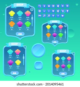 Game UI Pop Up Windows And Buttons Set  For Casual Games In Blue  Vintage Style  Cute Cartoon Colorful Vector Design