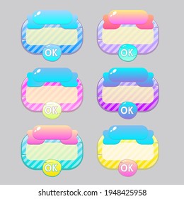 Game UI Pop Up Windows Set In Different Colors Bubbles Style For Games With Ok Button Vector Design