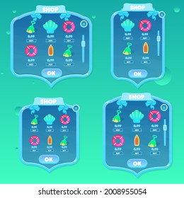 Game UI Pop Up Windows Set  For Casual Games In Blue  Sea Vintage Style Shop  Cute Cartoon Colorful Vector Design