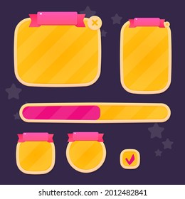 Game UI Pop Up Windows Set Oval Orange Beige Border Red Ribbon Header Cartoon Colorful Vector Design