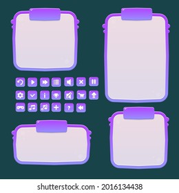 Game UI Pop Up Windows Set With Buttons Purple Pink Bubbles   Cute Cartoon Style Vector Design