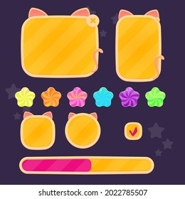 Game UI Pop Up Windows Set Oval Orange Beige Cat Style Stars Border Red Ribbon Header Cartoon Colorful Vector Design