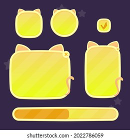 Ventana emergente de la interfaz de usuario de juego Configurar el diseño de vectores de color amarillo ovalado estilo gato estilo borde