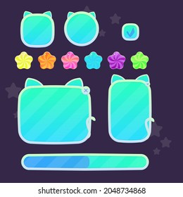 Game UI Pop Up Windows Set Oval Blue  Cat Style Border Stars Cartoon Colorful Vector Design