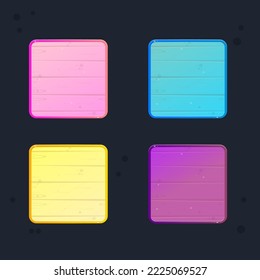 Partida de la interfaz de usuario de juego Ventanas Set Color rosa Azul Naranja Morado de la madera Bordes de vidrio Sweet Soft Cute Colorido Caricatura Glossy Vector Diseño