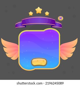 Game UI Pop Up  With Wings And Stars Badge Window Purple Blue Yellow Fairy Fantasy Wings  Cute Colorful Cartoon Vector Design