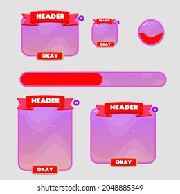 Game UI Popups And Buttons Set Pink Orange Space Theme Borders Sweet Soft Cute Colorful Cartoon With Headers And Buttons Vector Design