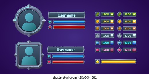 Game ui profile, user menu interface 2d graphic design with frame for avatar, username plaques, life or power scales, and assets score. Rpg for pc or mobile screen, Cartoon vector illustration svg