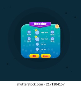 Game UI Rating Chart With Blue Windows And Four Items Vertical Purple Flag Header Blue Turquoise Marine Sea Bubbles  Abstract Cute Cartoon Colorful Bright Pop Up Window Purple Gem Header Vector Design
