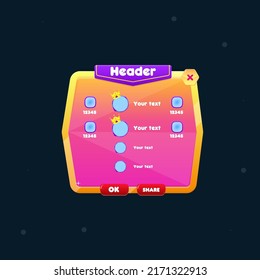 Game UI Rating Chart With Blue Windows And Four Items Vertical Purple Flag Header Pink Orange Golden Treasure  Abstract Cute Cartoon Colorful Bright Red Button Pop Up Window Vector Design