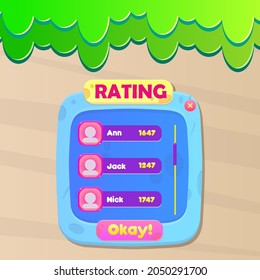 Game UI Rating Chart Users Set Stone Age Nature Pop Up Window Buttons Cute Cartoon Colorful Vector Design