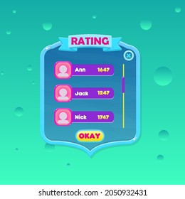 Game UI Rating Chart Users Pop Up Window  For Casual Games In Blue  Vintage Style  Cute Cartoon Colorful Vector Design