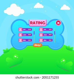 Game UI  Rating Chart Users Window Pop Up Blue Dog Bone With Header And Buttons  Cute Cartoon  Pet Farm For Gasual Games  Blue Sky Grass Heaven Clouds  Nature Style Cute Colorful Cartoon Vector Design
