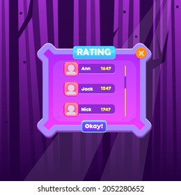 Game UI Rating Chart Users Pop Up Window Background Wallpaper Cartoon Magic Mystical Fantasy Forest  Trees With Branches  Dots In Fog  Dark Purple Vector Design
