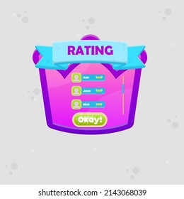 Game UI Rating Chart Users  Crown Icon Silhouette Window Pop Up With Button And Header Pink Purple Cute Cartoon  Vector Design