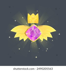 Game UI Reward Badge Purple Gem Fairy Yellow Wings Golden Crown Isolated Vector Design