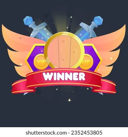 Game UI Reward Badge RoundShield VIP Monedas Blue Crystal Swords Orange Wings Red Ribbon Winner Vector Design