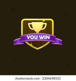 Game UI Reward Icon Of Shield Win Cup Ribbon You Win Wooden Brown In Golden Border Vector Design