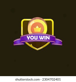 Game UI Reward Icon Of Shield Coin Ribbon You Win Wooden Brown In Golden Border Vector Design