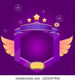 Game UI Reward Pop Up Window Page Winner With Wings And Stars Futuristic Vintage  Purple Flat Cartoon Colorful Vector Design