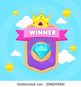 Game UI Reward Stars Clouds Sky  Winner Crown Ribbon Diamond Cute Cartoon Style Vector Design