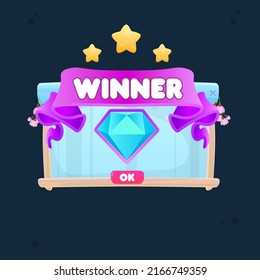 Game UI Reward Stars Clouds Sky  Winner Crown Ribbon Cup Wooden  Natural Brown  Beige  Blue Sky Spring Cherry Flowers Purple Ribbon Stars Diamond Magic Cute Cartoon Style Vector Design
