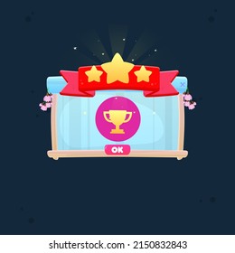 Game UI Reward Stars Crown Ribbon Cup Wooden  Natural Brown  Beige  Blue Sky Spring Cherry Flowers Cute Cartoon Style Vector Design