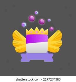 Game UI Reward Winner Badge Pop Up Icon . Yellow Fairy Wings , Purple Ribbon , Crown With Pink Gems , Purple Bubbles Sparkles . Cute Colorful Cartoon Vector Design
