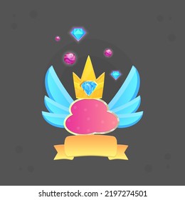 Game UI Reward Winner Badge Pop Up Icon . Blue Sky Wings , Orange Ribbon , Crown With Blue Diamond Gem , Blue Diamonds And Pink Bubbles Sparkles . Cute Colorful Cartoon Vector Design