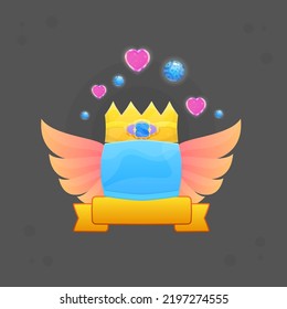 Game UI Reward Winner Badge Pop Up Icon . Golden Wings , Orange Ribbon , Crown With Blue Purple Gem , Pink Heart And Blue Bubbles Sparkles . Cute Colorful Cartoon Vector Design