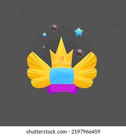Game UI Reward Winner Badge Pop Up Icon . Orange Tiger Wings , Purple Ribbon , Crown With Golden Coin , Blue Stars Black Bubbles Sparkles . Cute Colorful Cartoon Vector Design