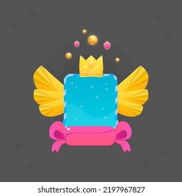 Game UI Reward Winner Badge Pop Up Icon . Orange Tiger Pattern Wings , Pink Bow Ribbon , Crown With Golden Stars , Pink Fruits Orange Bubbles Sparkles . Cute Colorful Cartoon Vector Design