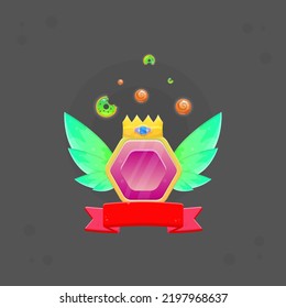 Game UI Reward Winner Badge Pop Up Icon . Green Fairy Wings , Red Ribbon , Crown With Purple Blue Gems , Green Donuts Orange Bubbles Sparkles . Cute Colorful Cartoon Vector Design