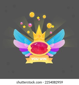 Game UI Reward Winner Badge Pop Up Icon . Blue Pink Purple Fairy Wings , Orange Ribbon , Crown With Golden Coin , Golden Coins Rainbow Bubbles Sparkles. Cute Colorful Cartoon Vector Design