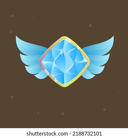 Game UI Reward Winner Icon Golden Yellow Blue Colors , Blue Wings , Diamond In Golden Frame Cute Colorful Cartoon Vector Design