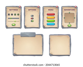 Game ui scrolls, stone boards and antique parchments cartoon menu interface, rocky textured planks, gui graphic design elements. User panel with settings, options or adventure isolated 2d vector set