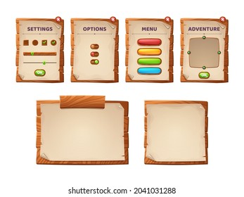 Game ui scrolls, wooden boards and antique parchments cartoon menu interface, wood textured planks, gui graphic design elements. User panel with settings, options or adventure isolated 2d vector set