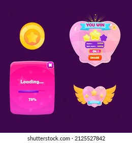 Game UI Set Of Banners Buttons Pop Up Windows Heart Shape You Win  Loading Page Icon Heart With Wings Coin Star  Close Button Cute Colorful Vector Design