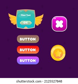 Game UI Set Of Banners Buttons Pop Up Windows  Coin Star  Close Button Cute Colorful Vector Design